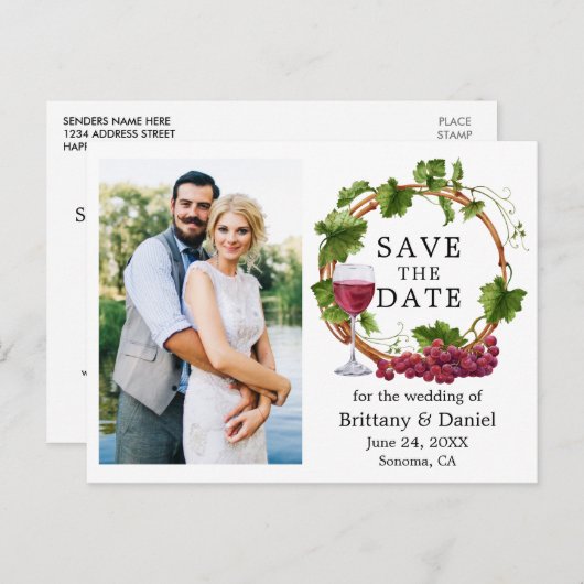 Waterverf wijnstokken met foto's waarop de datum w briefkaart (Voorkant / Achterkant)