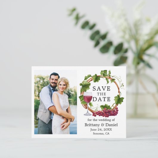 Waterverf wijnstokken met foto's waarop de datum w briefkaart (Staand voorkant)