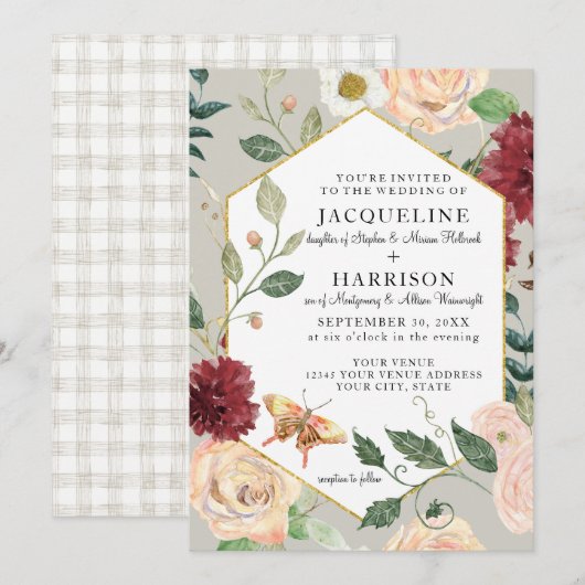 Waterverf Wijnstokken n Bloemen Koraal Roos Vlinde Kaart (Voorkant / Achterkant)