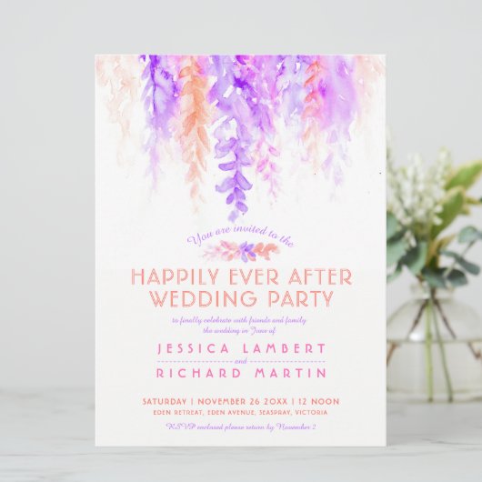 Waterverf wijnstokken paarse sinaasappel na huweli kaart (Staand voorkant)