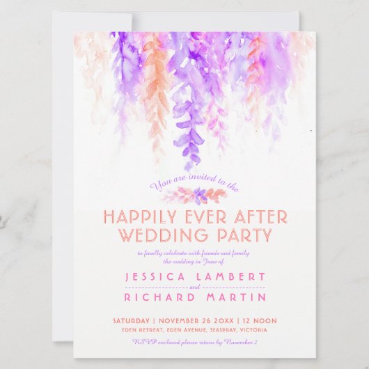 Waterverf wijnstokken paarse sinaasappel na huweli kaart (Voorkant)