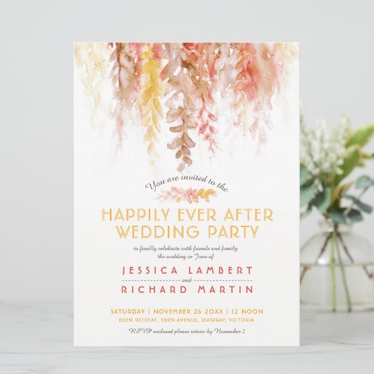 Waterverf wijnstokken sinaasappel bruin na bruilof kaart (Staand voorkant)