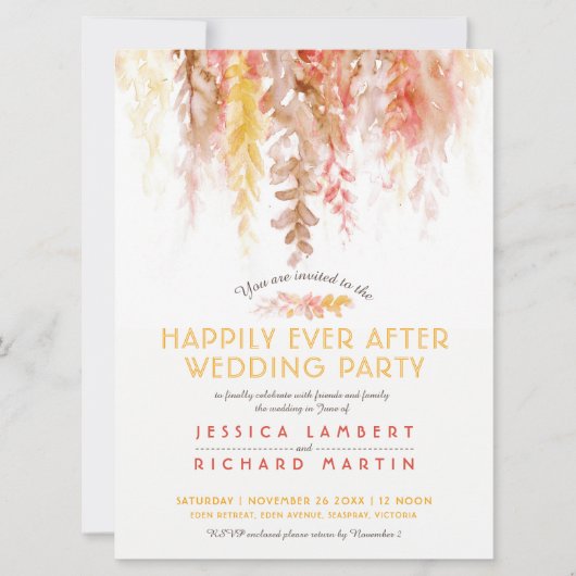 Waterverf wijnstokken sinaasappel bruin na bruilof kaart (Voorkant)