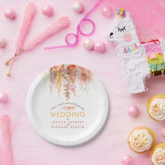 Waterverf wijnstokken sinaasappel rood bruin herfs papieren bordje (Feest)