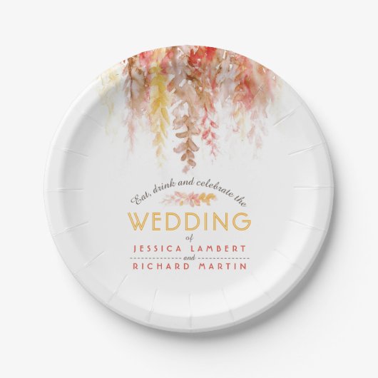 Waterverf wijnstokken sinaasappel rood bruin herfs papieren bordje (Voorkant)