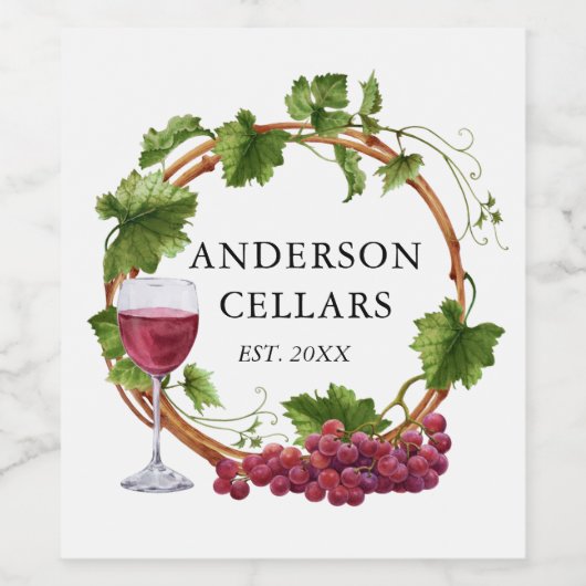 Waterverf Wijnstokwijnstokken met de naam Wijn Cel Wijn Etiket (Enkel label)