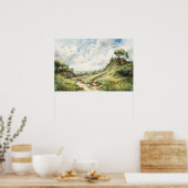 Waterverf wikkelpad naar een hilltop-huis poster (Keuken)