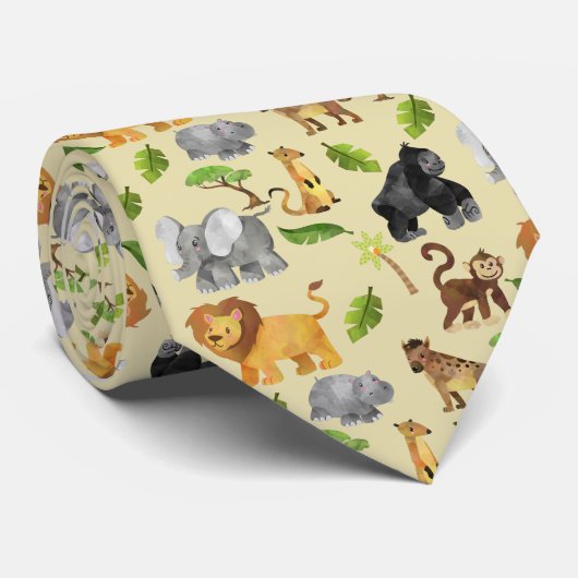 Waterverf Wild Animal Safari Oerwoud Pattern Stropdas (Opgerold)