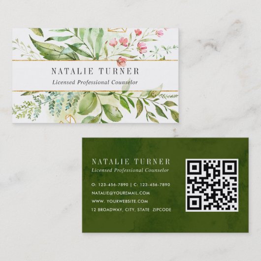 Waterverf Wild Bloemen Groen Bladgroen met QR Code Visitekaartje (Voorkant / Achterkant)