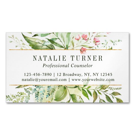 Waterverf Wild Floral Green Foliage Magnetisch Visitekaartje (Voorkant)