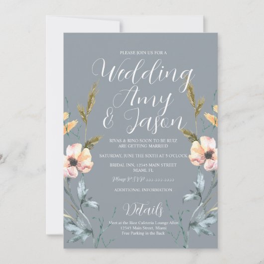 Waterverf Wild Flower Muted Gray Wedding Kaart (Voorkant)