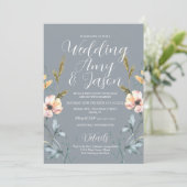Waterverf Wild Flower Muted Gray Wedding Kaart (Staand voorkant)