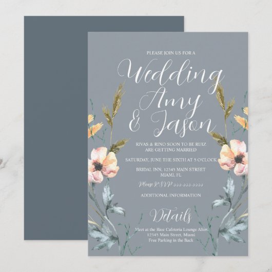 Waterverf Wild Flower Muted Gray Wedding Kaart (Voorkant / Achterkant)
