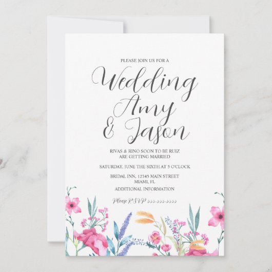 Waterverf Wild Flower Muted Green Wedding Kaart (Voorkant)