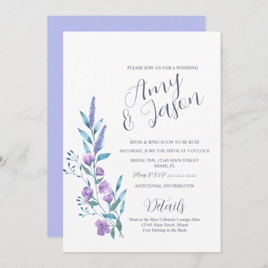 Waterverf Wild Flower Muted Lavender Wedding Kaart (Voorkant / Achterkant)