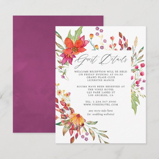 Waterverf Wild Flower Wedding Guest - Gegevens Informatiekaartje (Voorkant / Achterkant)
