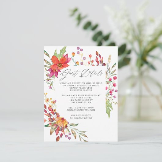 Waterverf Wild Flower Wedding Guest - Gegevens Informatiekaartje (Staand voorkant)
