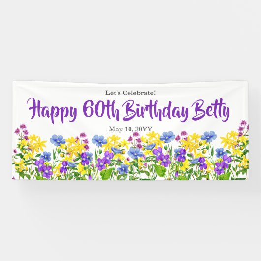 Waterverf Wild Flowers 60th Birthday Party Spandoek (Horizontaal)