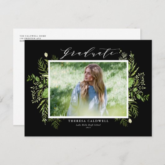 Waterverf Wild Foliage Black Foto Afstuderen Briefkaart (Voorkant / Achterkant)