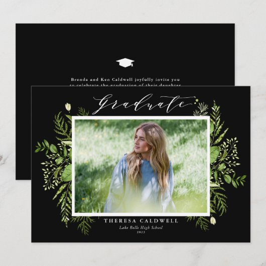 Waterverf Wild Foliage Black Foto Afstuderen Kaart (Voorkant / Achterkant)