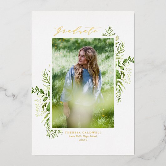 Waterverf Wild Foliage Foto Afstudeerfeest Folie Uitnodiging (Voorkant)