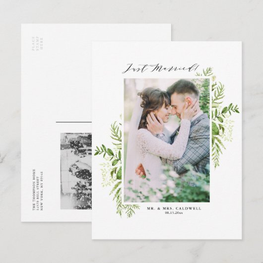 Waterverf Wild Foliage Lijst Foto gewoon gehuwd Aankondigingskaart (Voorkant / Achterkant)