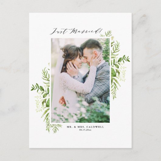 Waterverf Wild Foliage Lijst Foto gewoon gehuwd Aankondigingskaart (Voorkant)