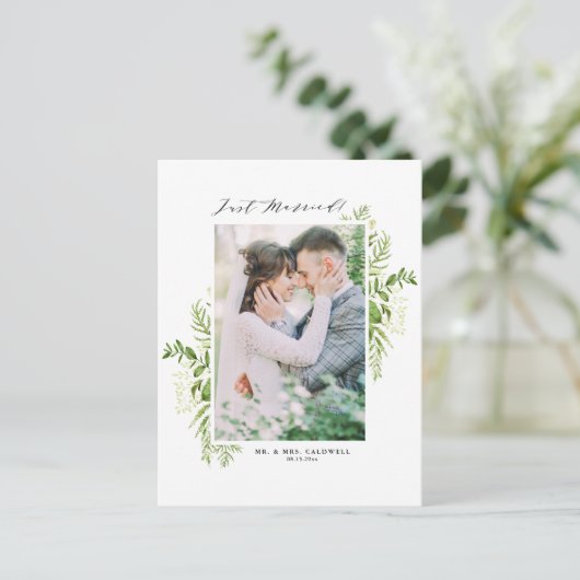 Waterverf Wild Foliage Lijst Foto gewoon gehuwd Aankondigingskaart (Staand voorkant)