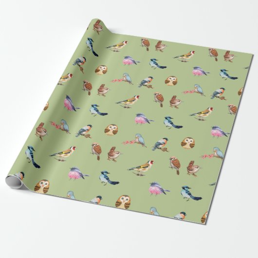 Waterverf Wild Forest Birds Green Cadeaupapier (Uitgerold)