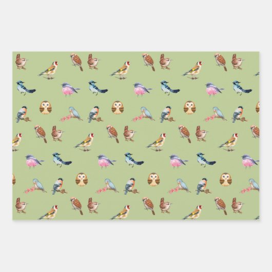 Waterverf Wild Forest Birds Green Inpakpapier Vel (Voorkant 3)