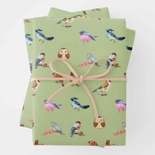 Waterverf Wild Forest Birds Green Inpakpapier Vel (In situ)
