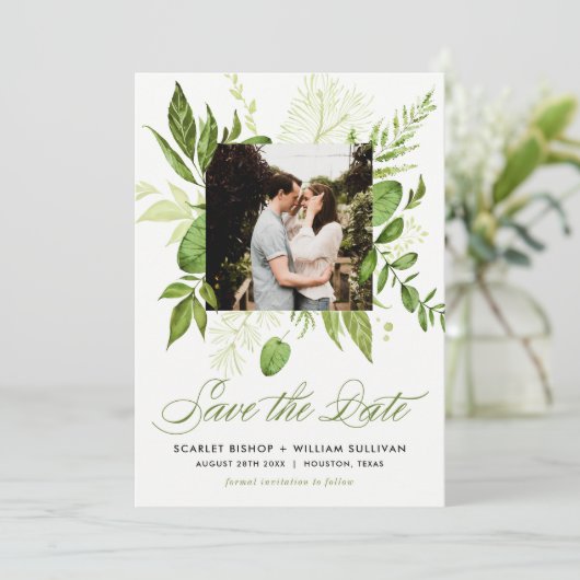 Waterverf Wild Green Foliage Photo Save the Date (Staand voorkant)