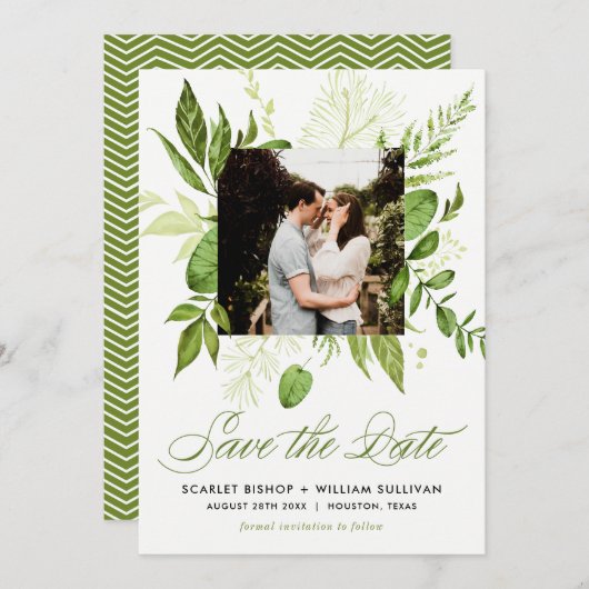 Waterverf Wild Green Foliage Photo Save the Date (Voorkant / Achterkant)