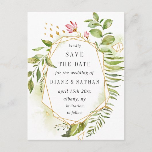 Waterverf Wild Green Foliage Photo Save the Date Aankondigingskaart (Voorkant)