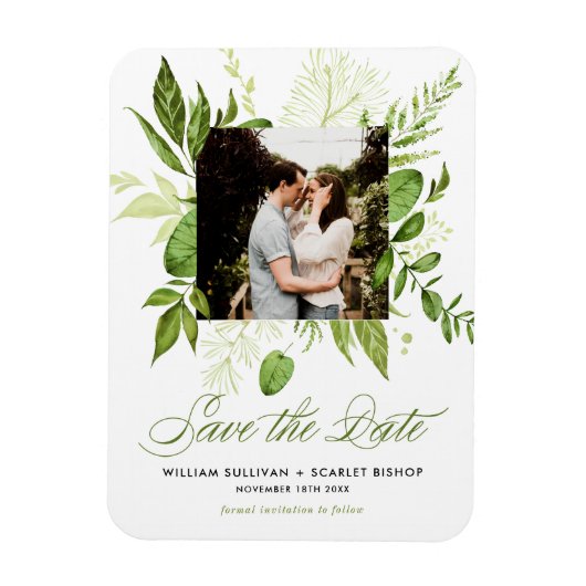Waterverf Wild Green Foliage Photo Save the Date Magneet (Verticaal)