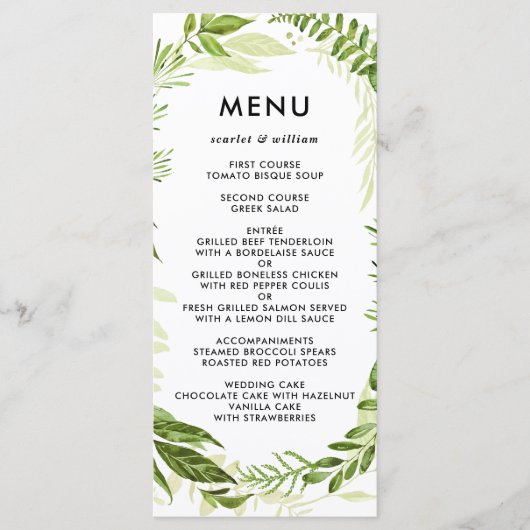 Waterverf Wild Green Foliage Wedding Menu Kaart (Voorkant)