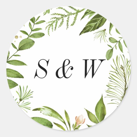 Waterverf Wild Green Foliage Wedding Monogram Ronde Sticker (Voorkant)