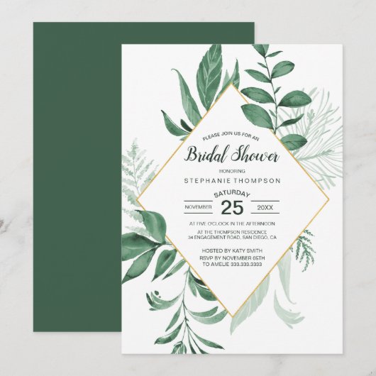 Waterverf Wild Leaves Hunter Green Bridal Showe Kaart (Voorkant / Achterkant)