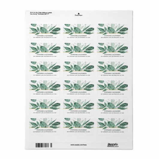Waterverf Wild Leaves Hunter Green Wedding Etiket (Full Sheet)