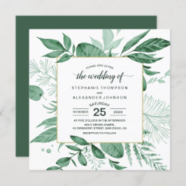 Waterverf Wild Leaves Hunter Green Wedding Kaart