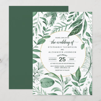 Waterverf Wild Leaves Hunter Green Wedding Kaart