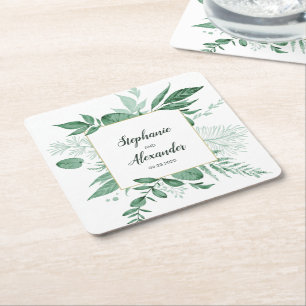 Waterverf Wild Leaves Hunter Green Wedding Kartonnen Onderzetters