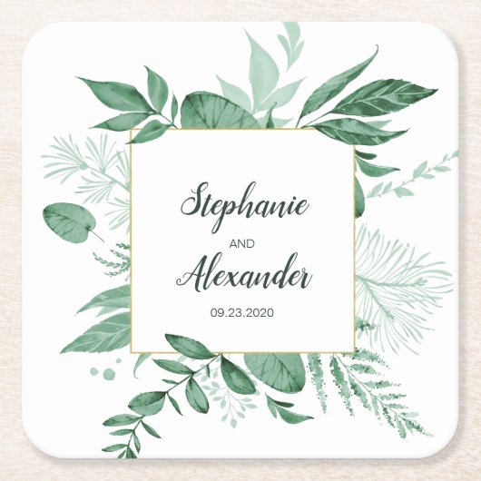 Waterverf Wild Leaves Hunter Green Wedding Kartonnen Onderzetters (Voorkant)