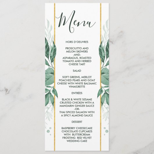 Waterverf Wild Leaves Hunter Green Wedding Menu (Voorkant)