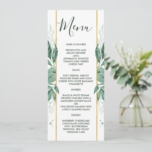Waterverf Wild Leaves Hunter Green Wedding Menu (Staand voorkant)
