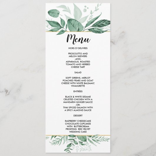 Waterverf Wild Leaves Hunter Green Wedding Menu (Voorkant)