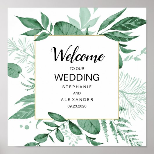 Waterverf Wild Leaves Hunter Green Wedding Poster (Voorkant)