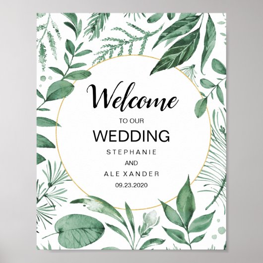 Waterverf Wild Leaves Hunter Green Wedding Poster (Voorkant)