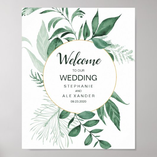 Waterverf Wild Leaves Hunter Green Wedding Poster (Voorkant)