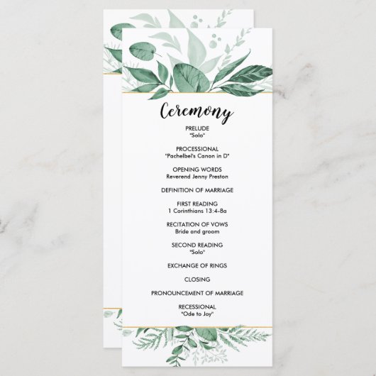 Waterverf Wild Leaves Hunter Green Wedding Programmakaart (Voorkant / Achterkant)